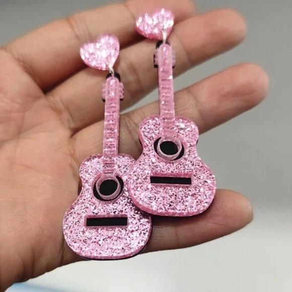 NEW pink glitter guitar earrings Taylor swift eras tour - Picture 1 of 4